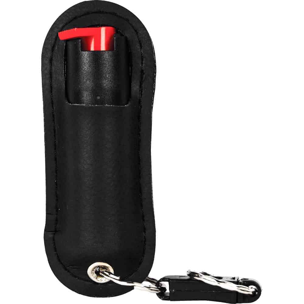Black leather key case with a red pull tab at the top and a metal keyring/clip at the bottom.